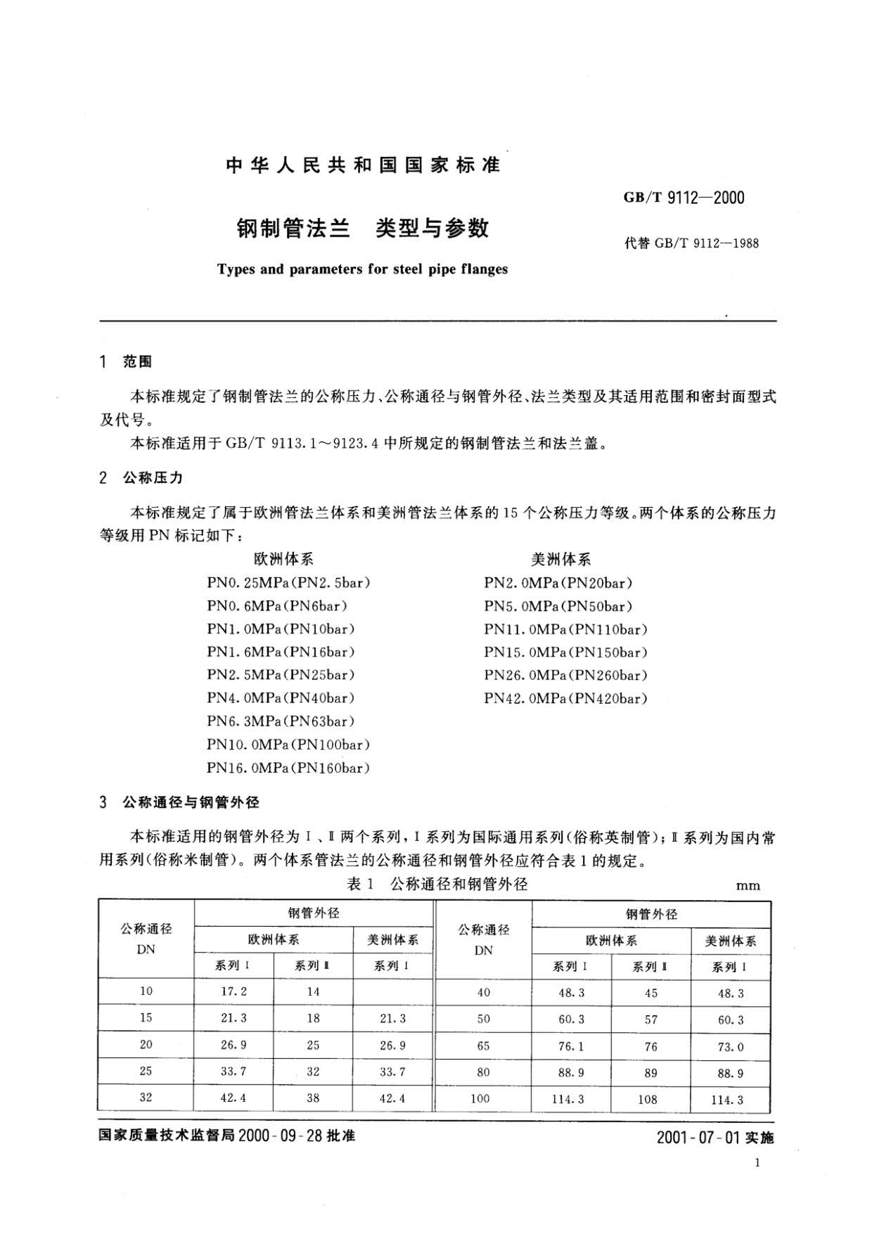 钢制管法兰类型与参数的国家标准GB 9112-2000